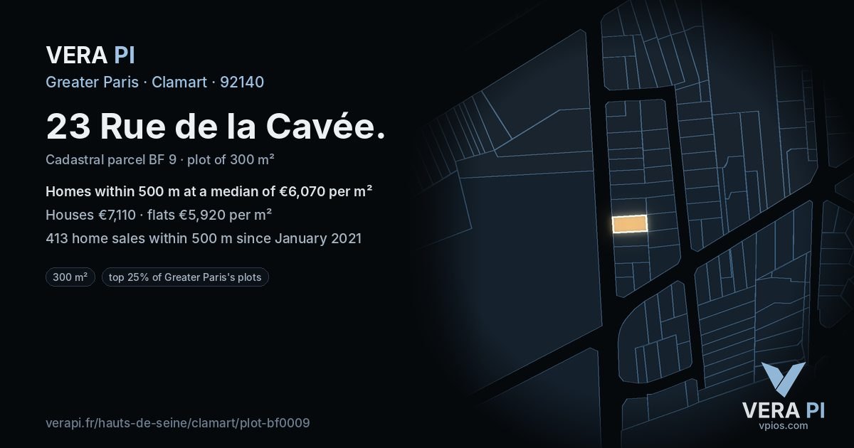 23 Rue de la Cavée, Clamart at night – the plot lit, the parcels around coloured by the prices near them