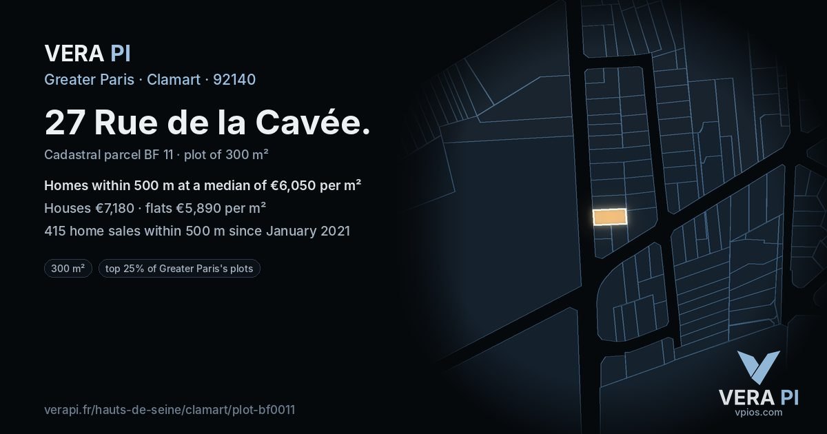 27 Rue de la Cavée, Clamart at night – the plot lit, the parcels around coloured by the prices near them