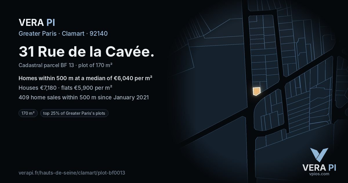 31 Rue de la Cavée, Clamart at night – the plot lit, the parcels around coloured by the prices near them