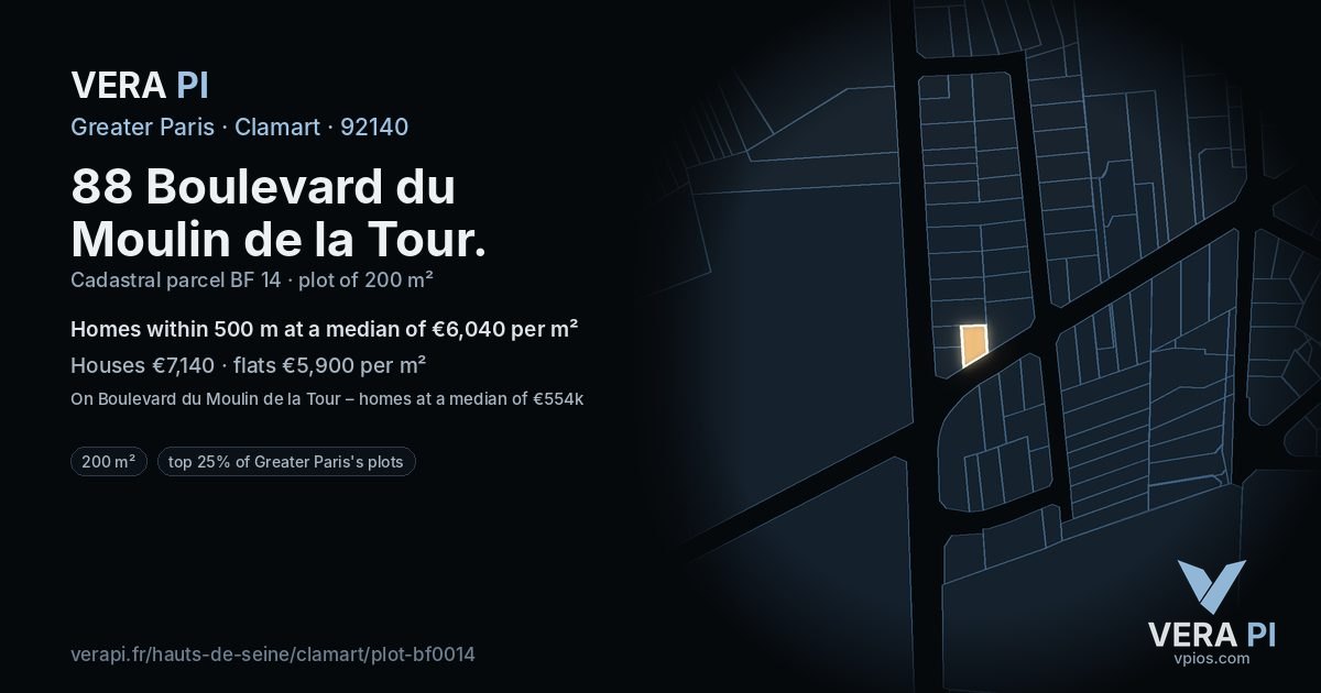 88 Boulevard du Moulin de la Tour, Clamart at night – the plot lit, the parcels around coloured by the prices near them