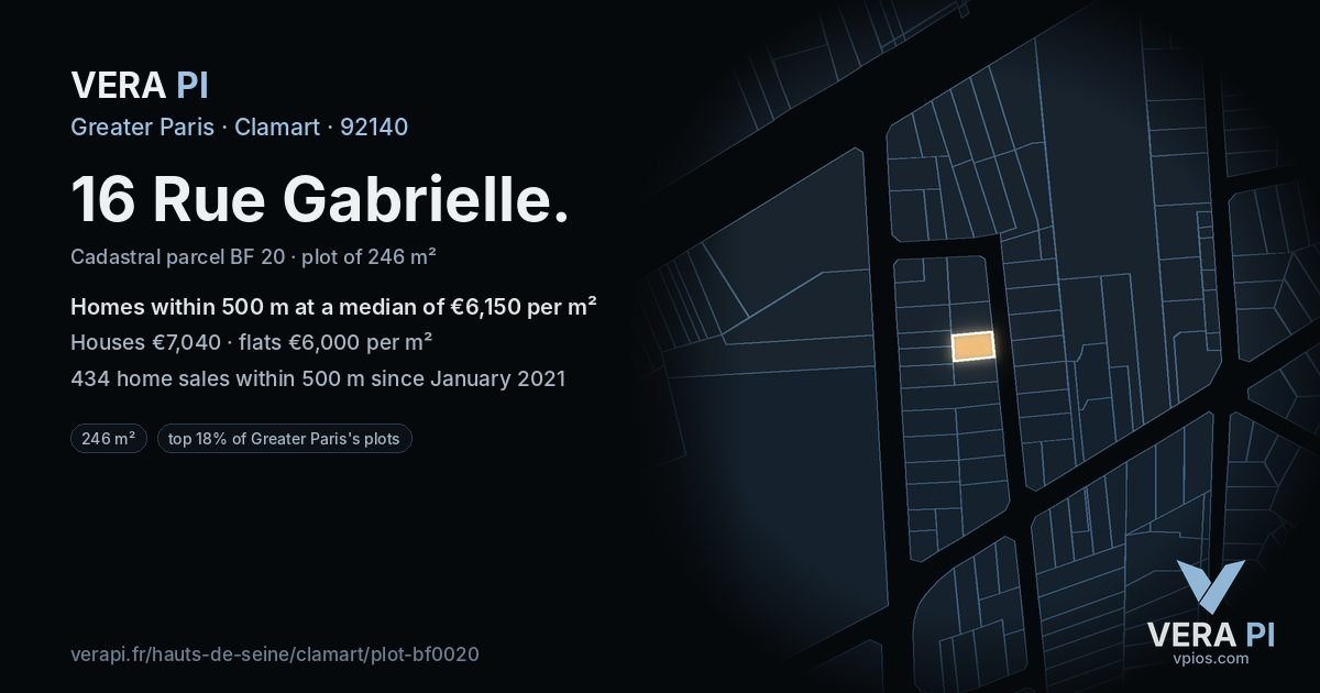 16 Rue Gabrielle, Clamart at night – the plot lit, the parcels around coloured by the prices near them
