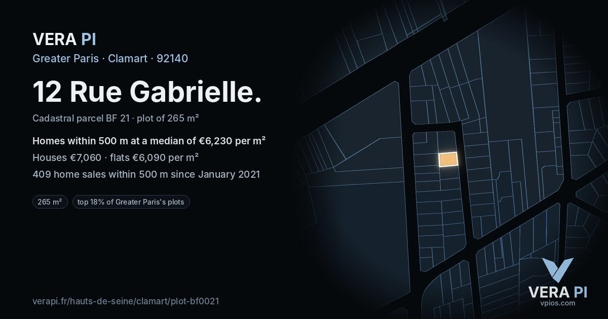 12 Rue Gabrielle, Clamart at night – the plot lit, the parcels around coloured by the prices near them