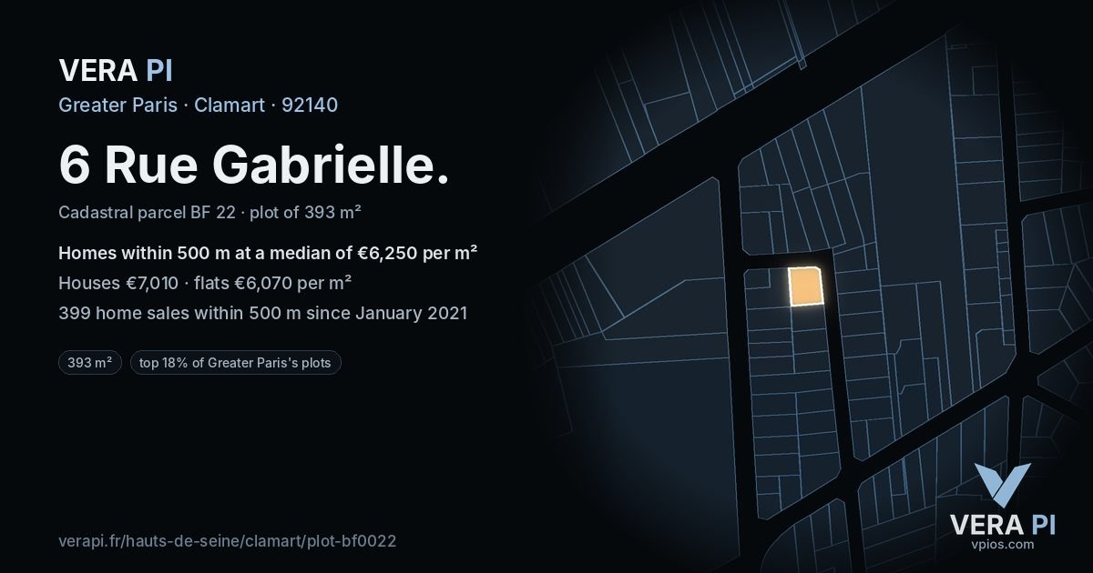 6 Rue Gabrielle, Clamart at night – the plot lit, the parcels around coloured by the prices near them