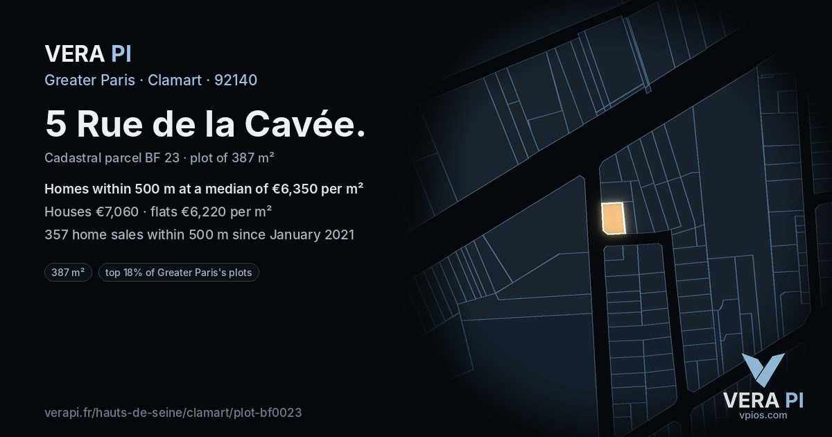 5 Rue de la Cavée, Clamart at night – the plot lit, the parcels around coloured by the prices near them