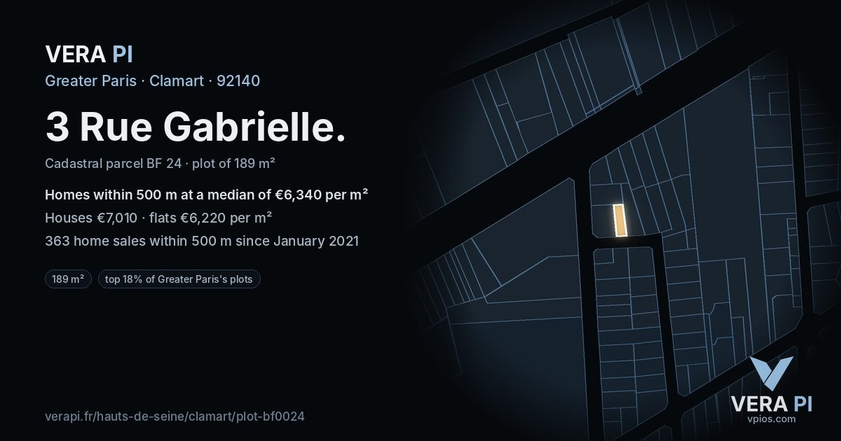 3 Rue Gabrielle, Clamart at night – the plot lit, the parcels around coloured by the prices near them