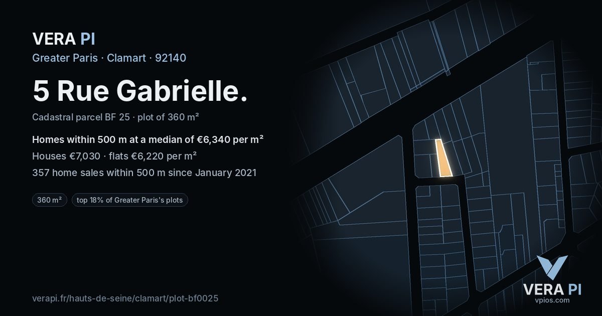 5 Rue Gabrielle, Clamart at night – the plot lit, the parcels around coloured by the prices near them