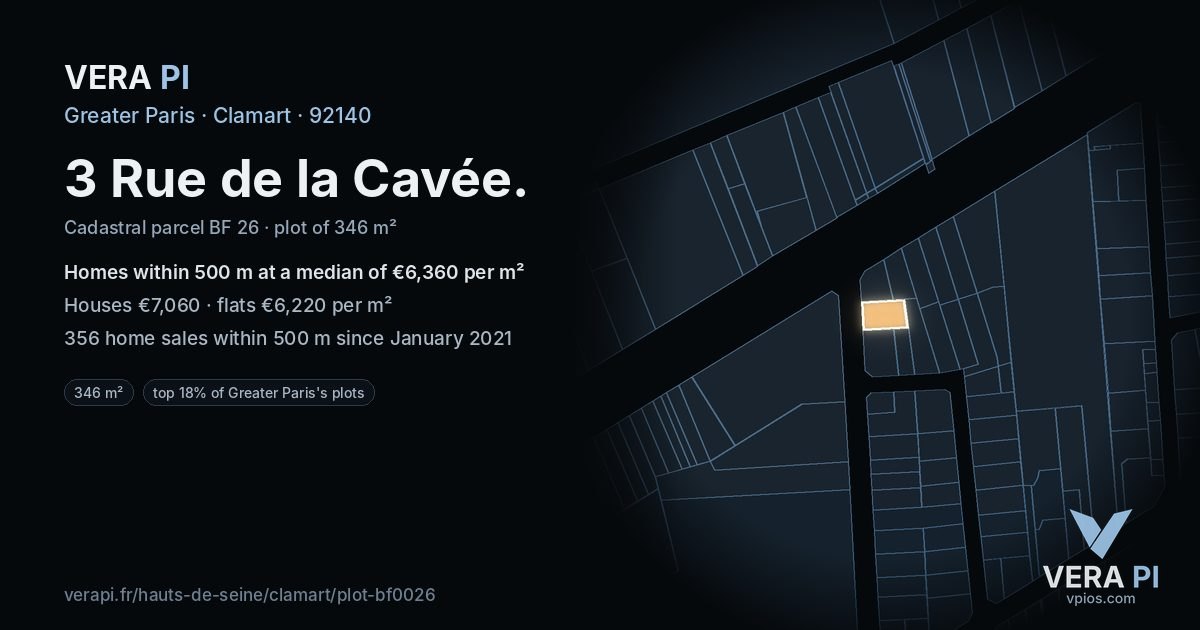 3 Rue de la Cavée, Clamart at night – the plot lit, the parcels around coloured by the prices near them