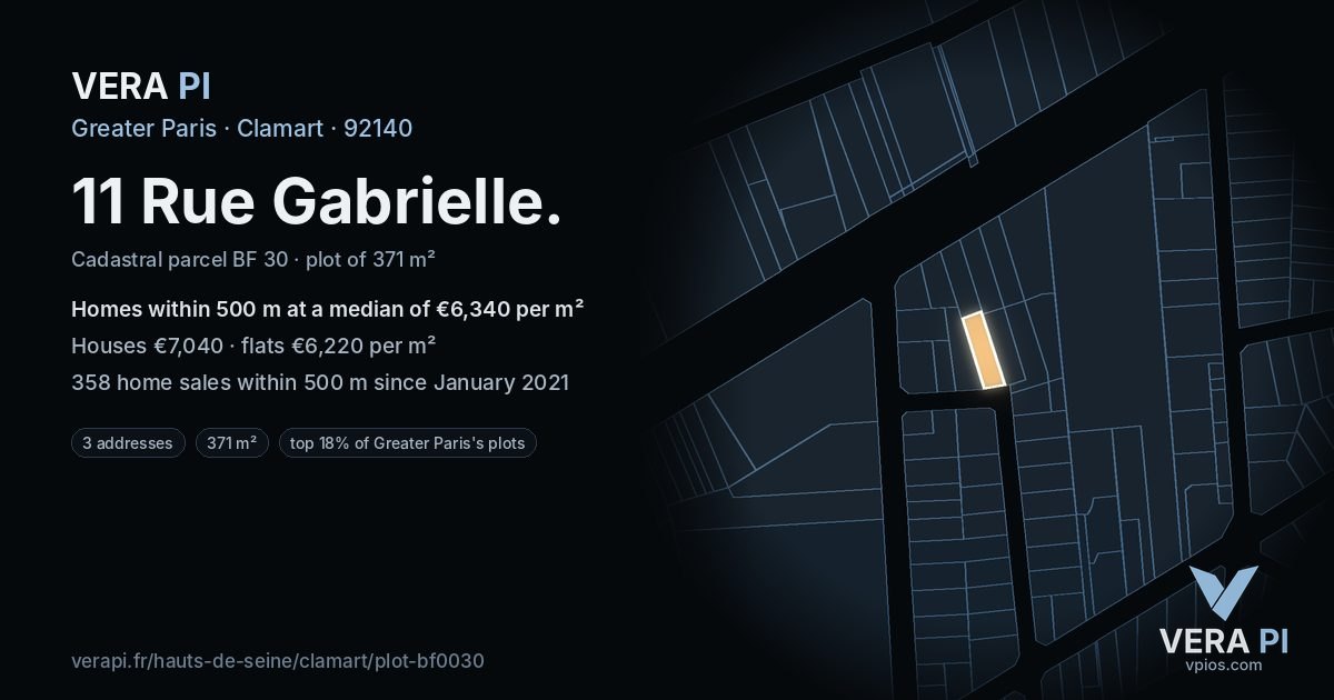 11 Rue Gabrielle, Clamart at night – the plot lit, the parcels around coloured by the prices near them