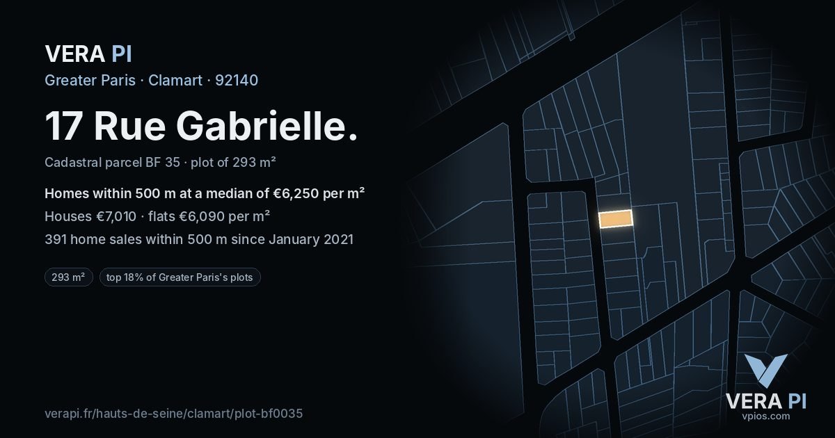 17 Rue Gabrielle, Clamart at night – the plot lit, the parcels around coloured by the prices near them