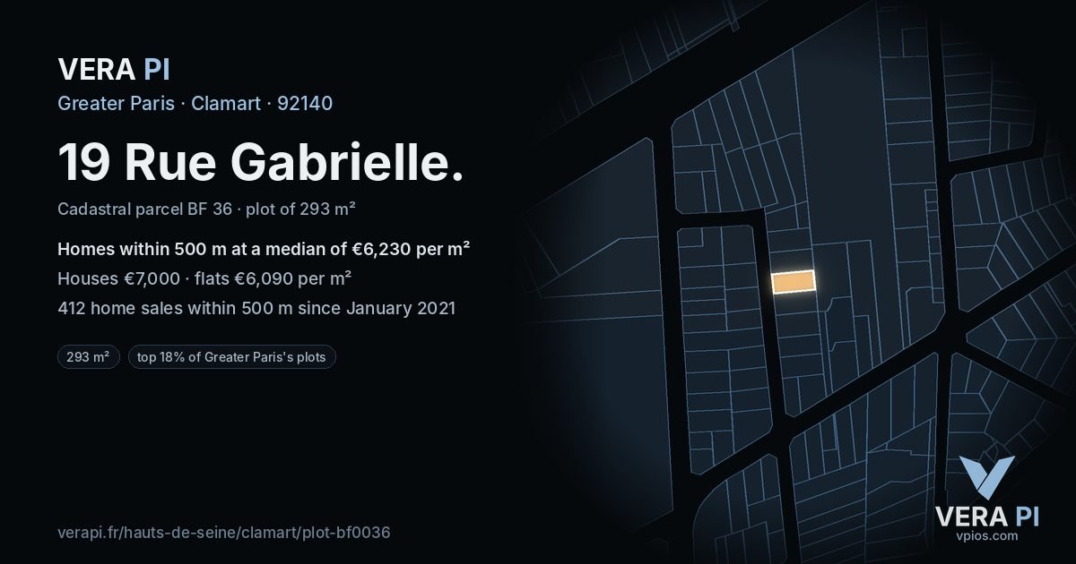 19 Rue Gabrielle, Clamart at night – the plot lit, the parcels around coloured by the prices near them