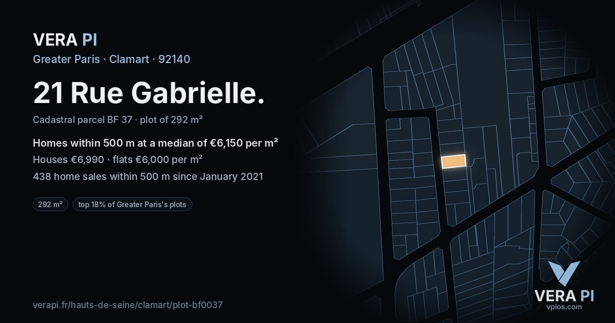21 Rue Gabrielle, Clamart at night – the plot lit, the parcels around coloured by the prices near them