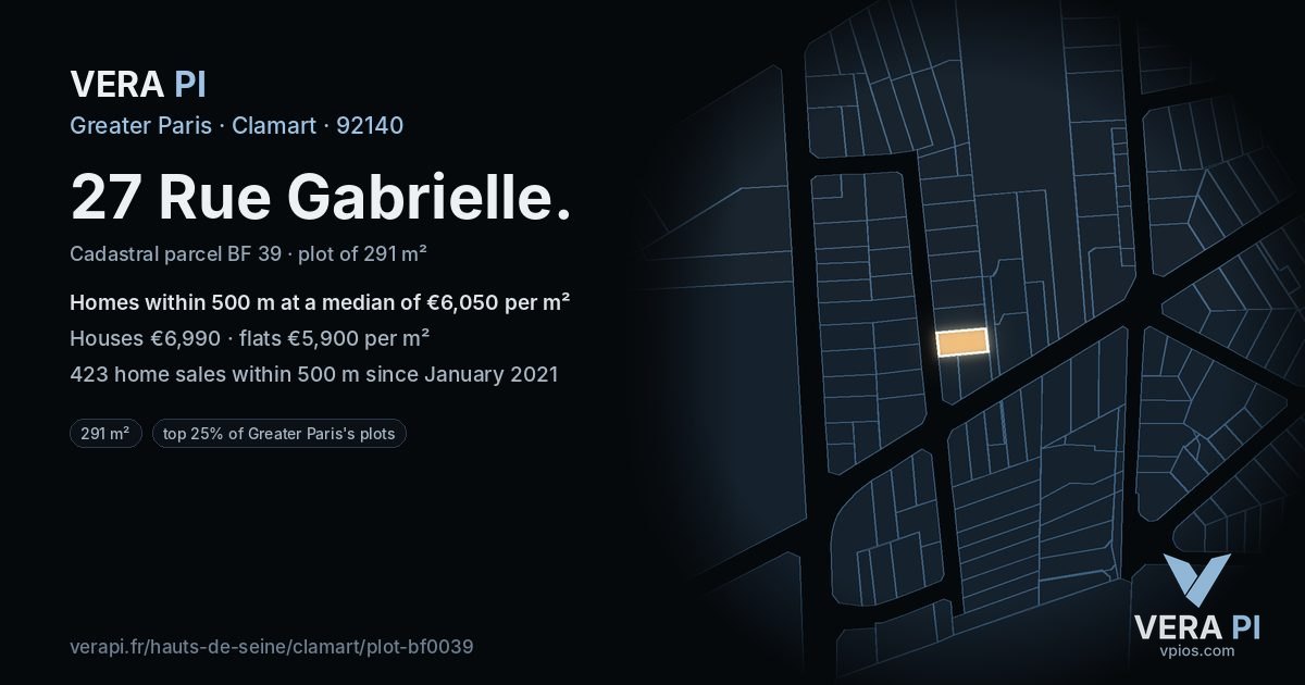 27 Rue Gabrielle, Clamart at night – the plot lit, the parcels around coloured by the prices near them