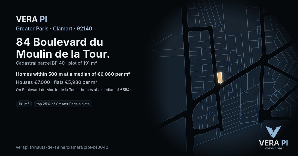 84 Boulevard du Moulin de la Tour, Clamart at night – the plot lit, the parcels around coloured by the prices near them