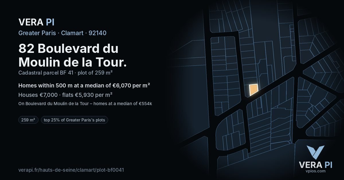 82 Boulevard du Moulin de la Tour, Clamart at night – the plot lit, the parcels around coloured by the prices near them