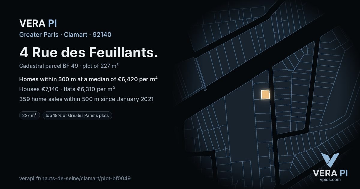 4 Rue des Feuillants, Clamart at night – the plot lit, the parcels around coloured by the prices near them