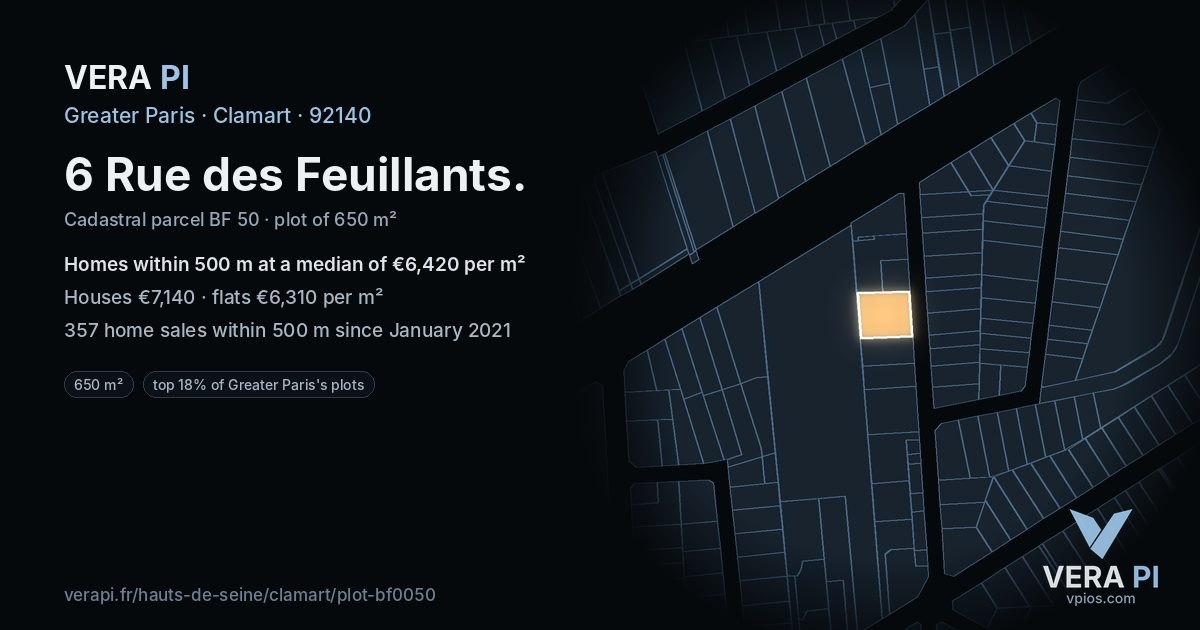6 Rue des Feuillants, Clamart at night – the plot lit, the parcels around coloured by the prices near them