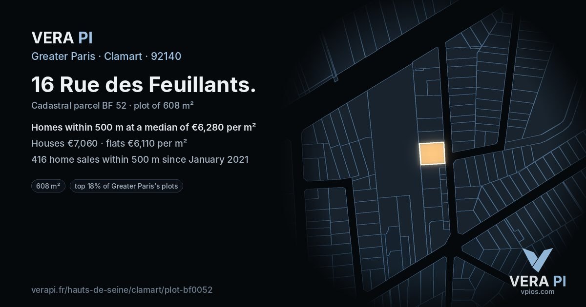 16 Rue des Feuillants, Clamart at night – the plot lit, the parcels around coloured by the prices near them