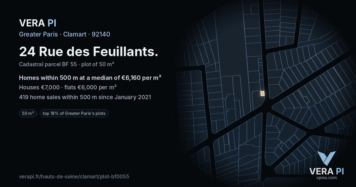 24 Rue des Feuillants, Clamart at night – the plot lit, the parcels around coloured by the prices near them