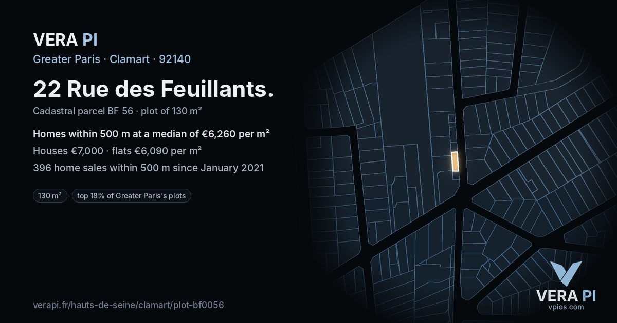 22 Rue des Feuillants, Clamart at night – the plot lit, the parcels around coloured by the prices near them