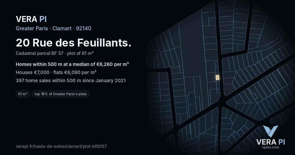 20 Rue des Feuillants, Clamart at night – the plot lit, the parcels around coloured by the prices near them