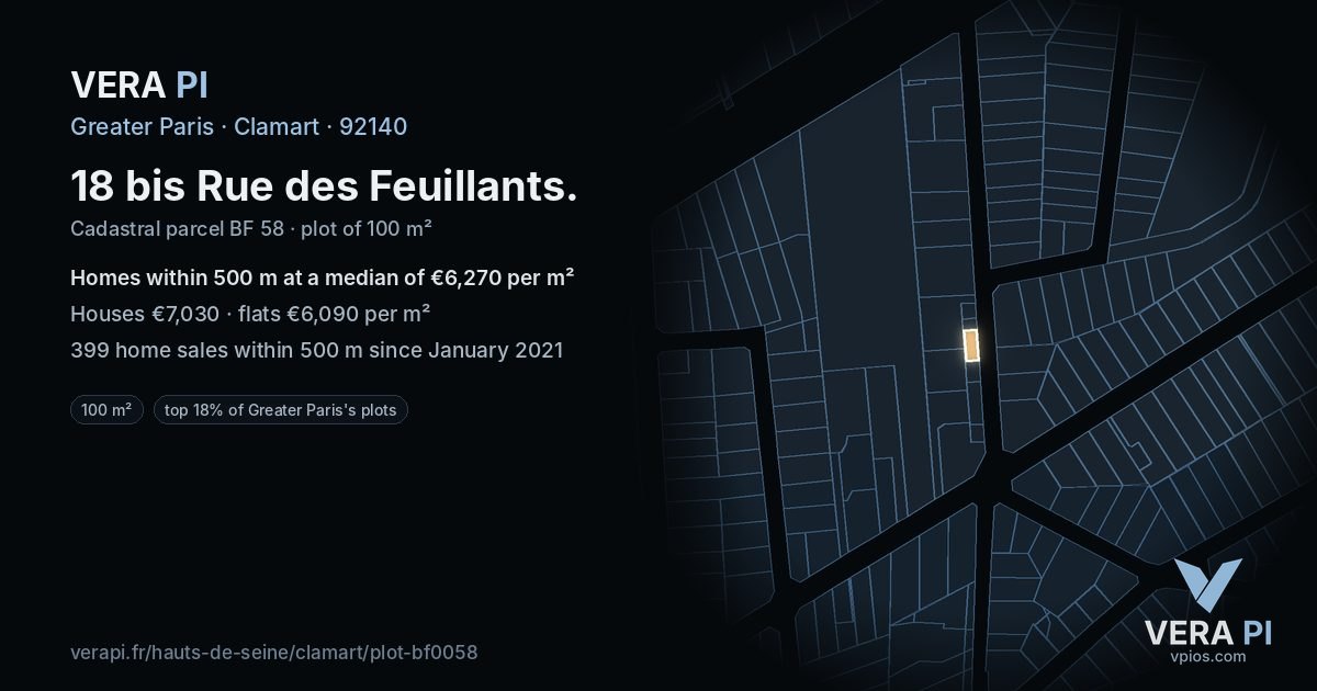 18 bis Rue des Feuillants, Clamart at night – the plot lit, the parcels around coloured by the prices near them
