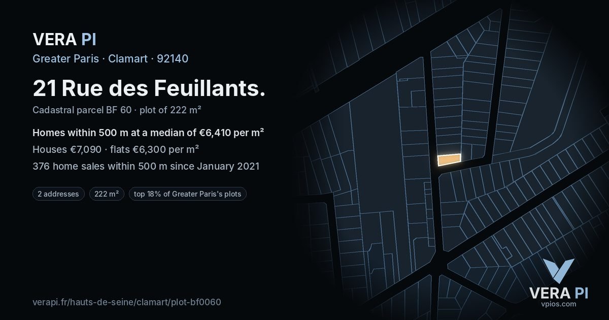 21 Rue des Feuillants, Clamart at night – the plot lit, the parcels around coloured by the prices near them