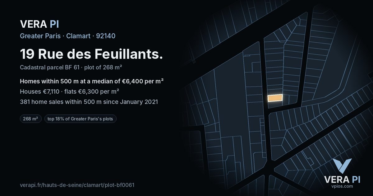 19 Rue des Feuillants, Clamart at night – the plot lit, the parcels around coloured by the prices near them