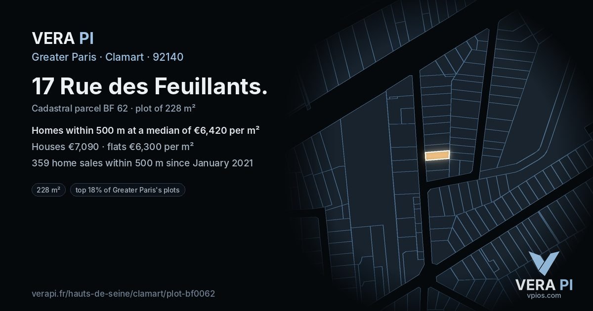 17 Rue des Feuillants, Clamart at night – the plot lit, the parcels around coloured by the prices near them