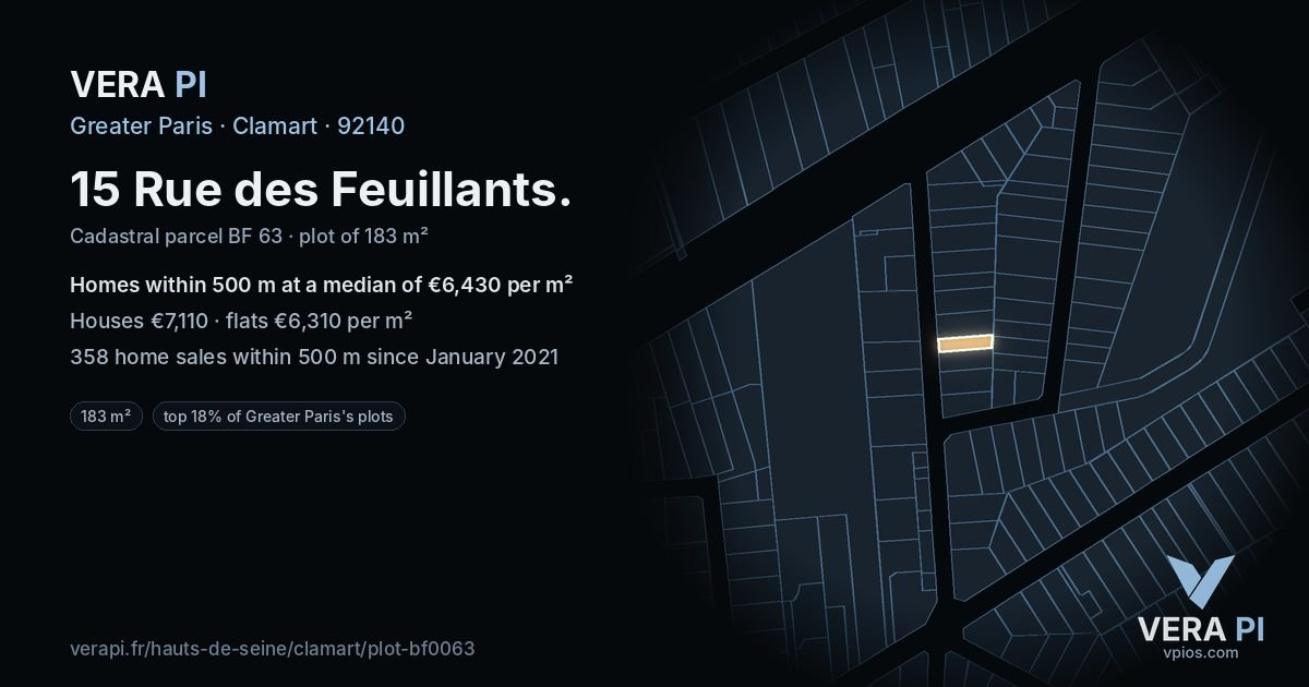 15 Rue des Feuillants, Clamart at night – the plot lit, the parcels around coloured by the prices near them