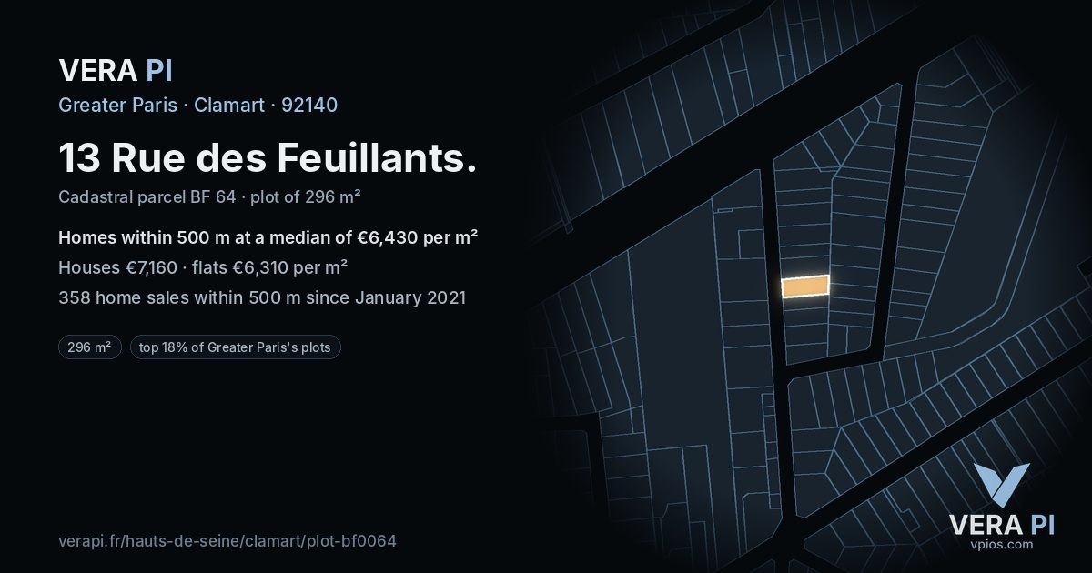 13 Rue des Feuillants, Clamart at night – the plot lit, the parcels around coloured by the prices near them