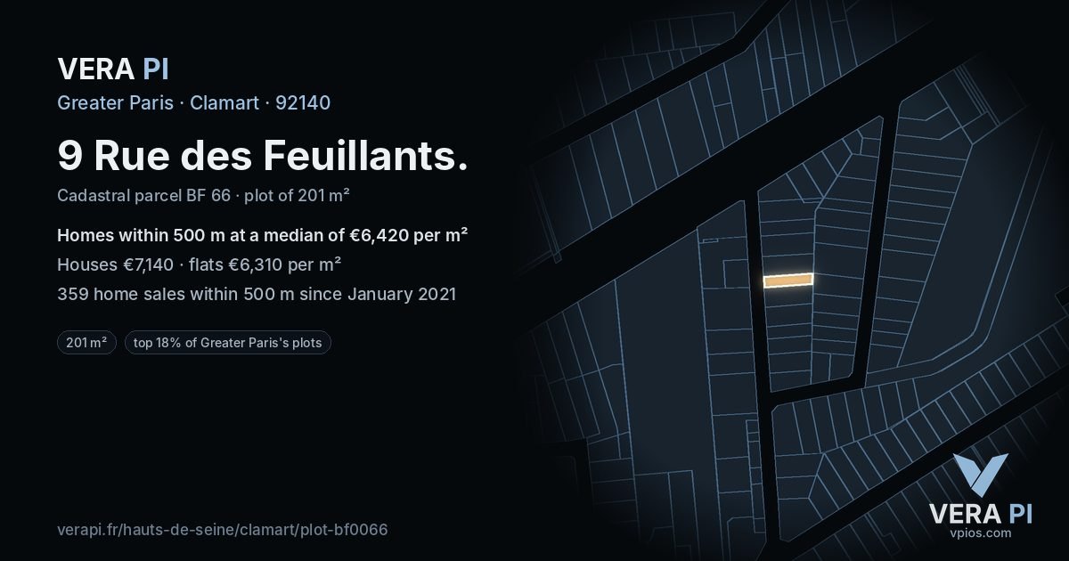 9 Rue des Feuillants, Clamart at night – the plot lit, the parcels around coloured by the prices near them