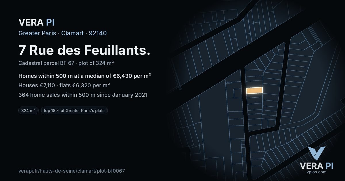 7 Rue des Feuillants, Clamart at night – the plot lit, the parcels around coloured by the prices near them