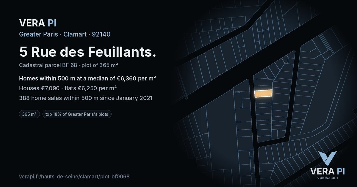 5 Rue des Feuillants, Clamart at night – the plot lit, the parcels around coloured by the prices near them