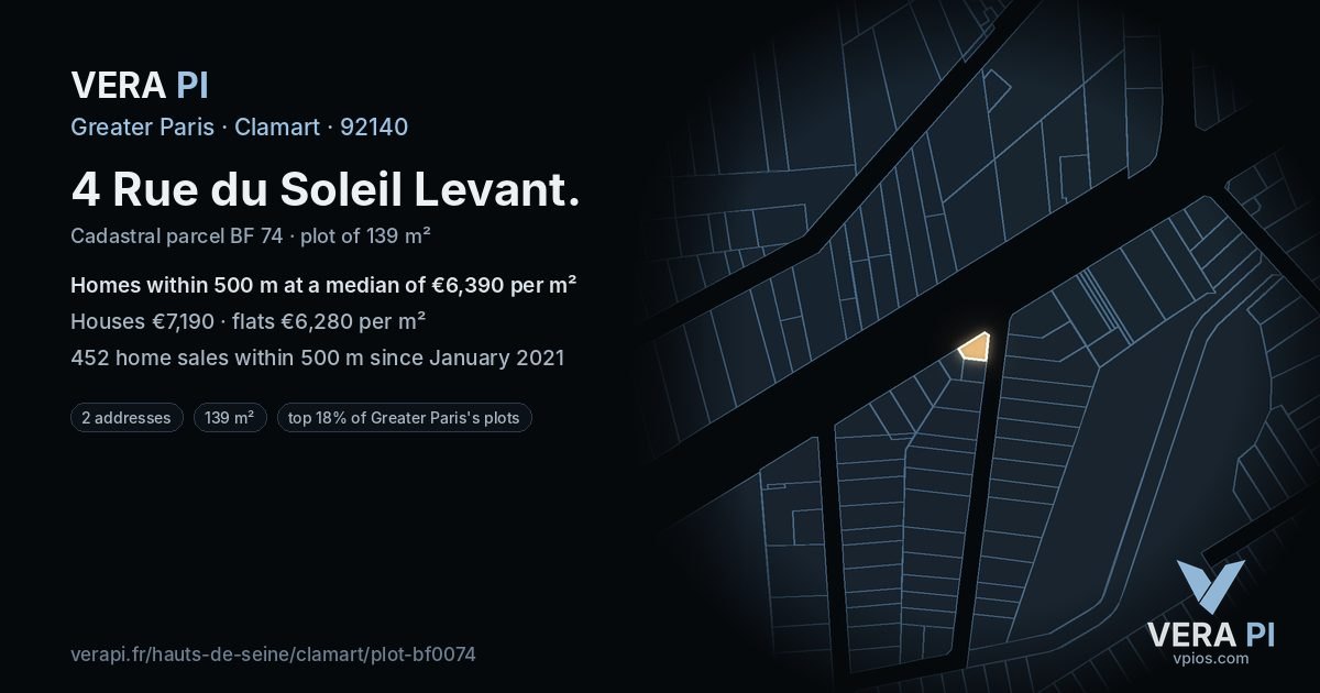 4 Rue du Soleil Levant, Clamart at night – the plot lit, the parcels around coloured by the prices near them