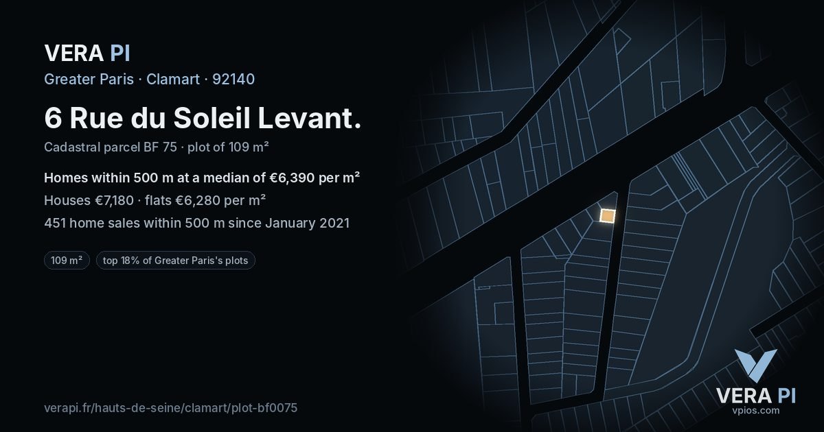 6 Rue du Soleil Levant, Clamart at night – the plot lit, the parcels around coloured by the prices near them