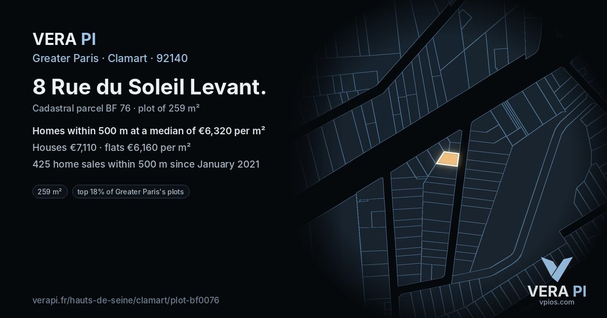 8 Rue du Soleil Levant, Clamart at night – the plot lit, the parcels around coloured by the prices near them