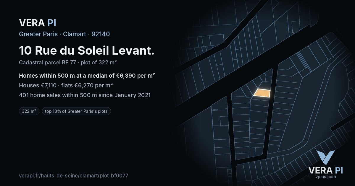 10 Rue du Soleil Levant, Clamart at night – the plot lit, the parcels around coloured by the prices near them