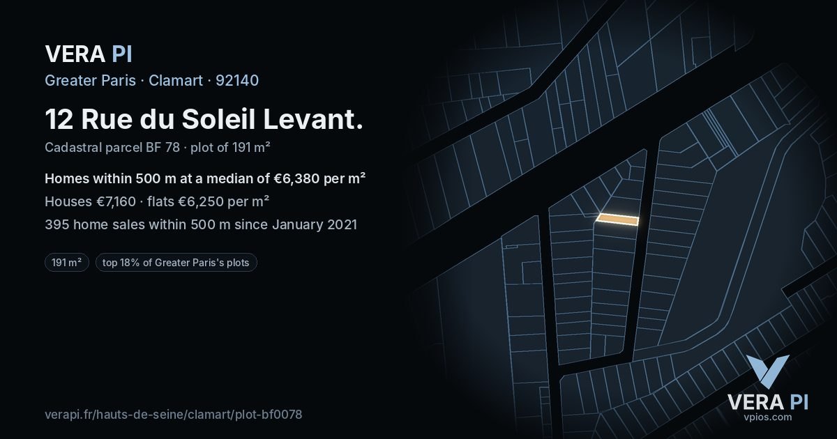 12 Rue du Soleil Levant, Clamart at night – the plot lit, the parcels around coloured by the prices near them