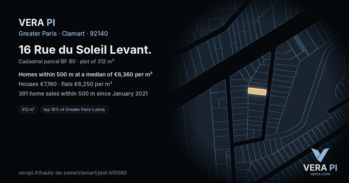 16 Rue du Soleil Levant, Clamart at night – the plot lit, the parcels around coloured by the prices near them