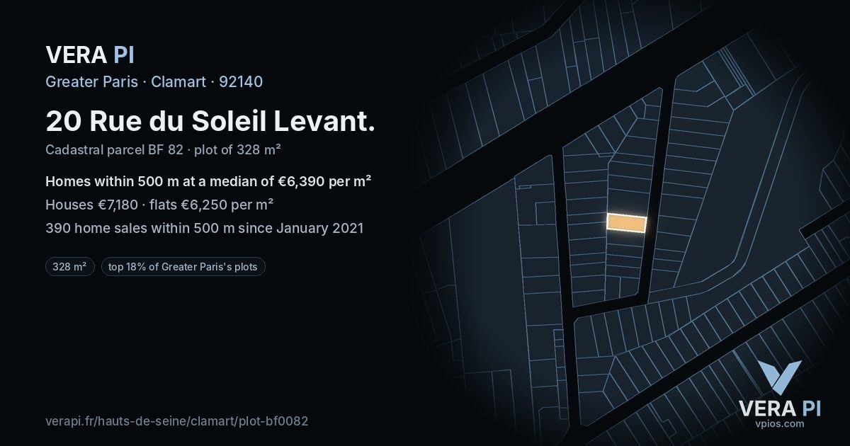 20 Rue du Soleil Levant, Clamart at night – the plot lit, the parcels around coloured by the prices near them