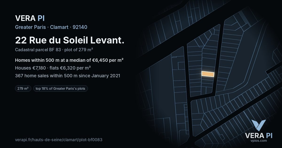 22 Rue du Soleil Levant, Clamart at night – the plot lit, the parcels around coloured by the prices near them