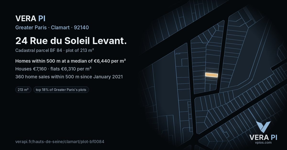 24 Rue du Soleil Levant, Clamart at night – the plot lit, the parcels around coloured by the prices near them