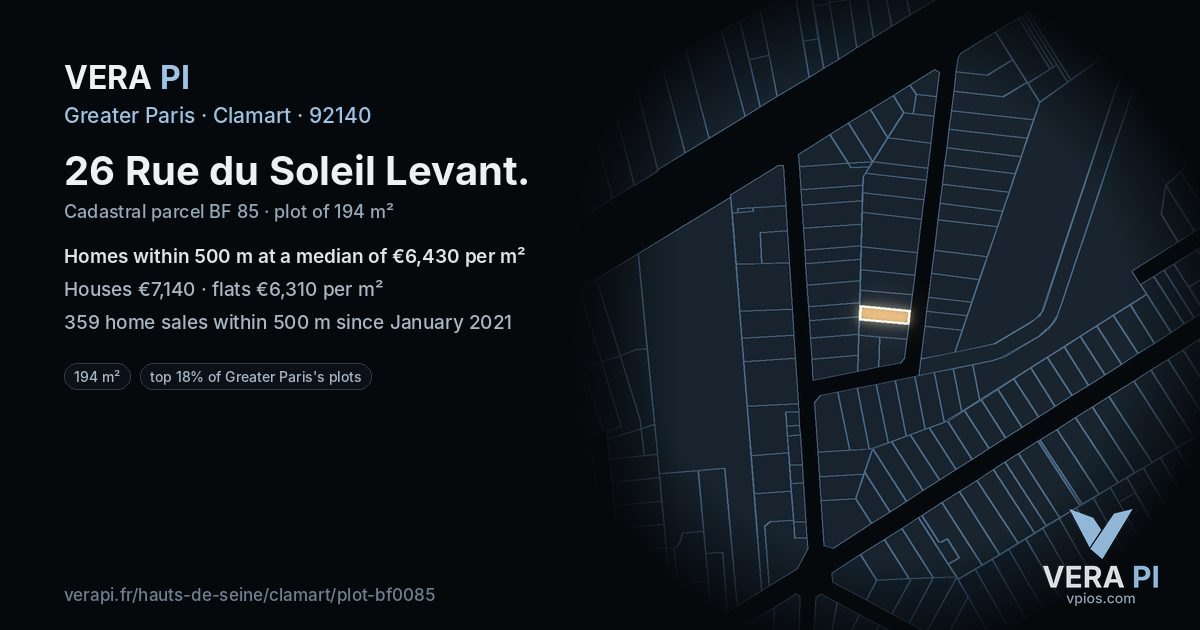 26 Rue du Soleil Levant, Clamart at night – the plot lit, the parcels around coloured by the prices near them