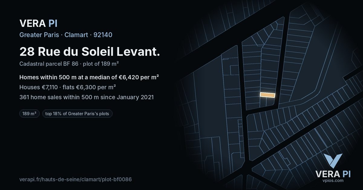 28 Rue du Soleil Levant, Clamart at night – the plot lit, the parcels around coloured by the prices near them