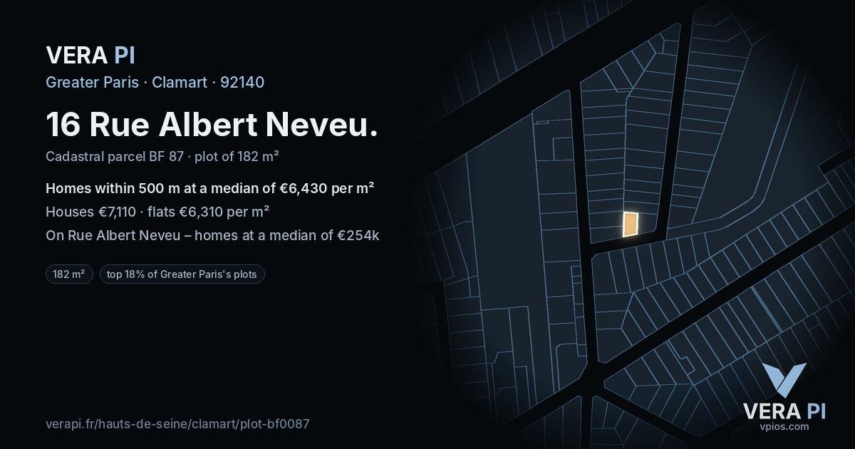 16 Rue Albert Neveu, Clamart at night – the plot lit, the parcels around coloured by the prices near them