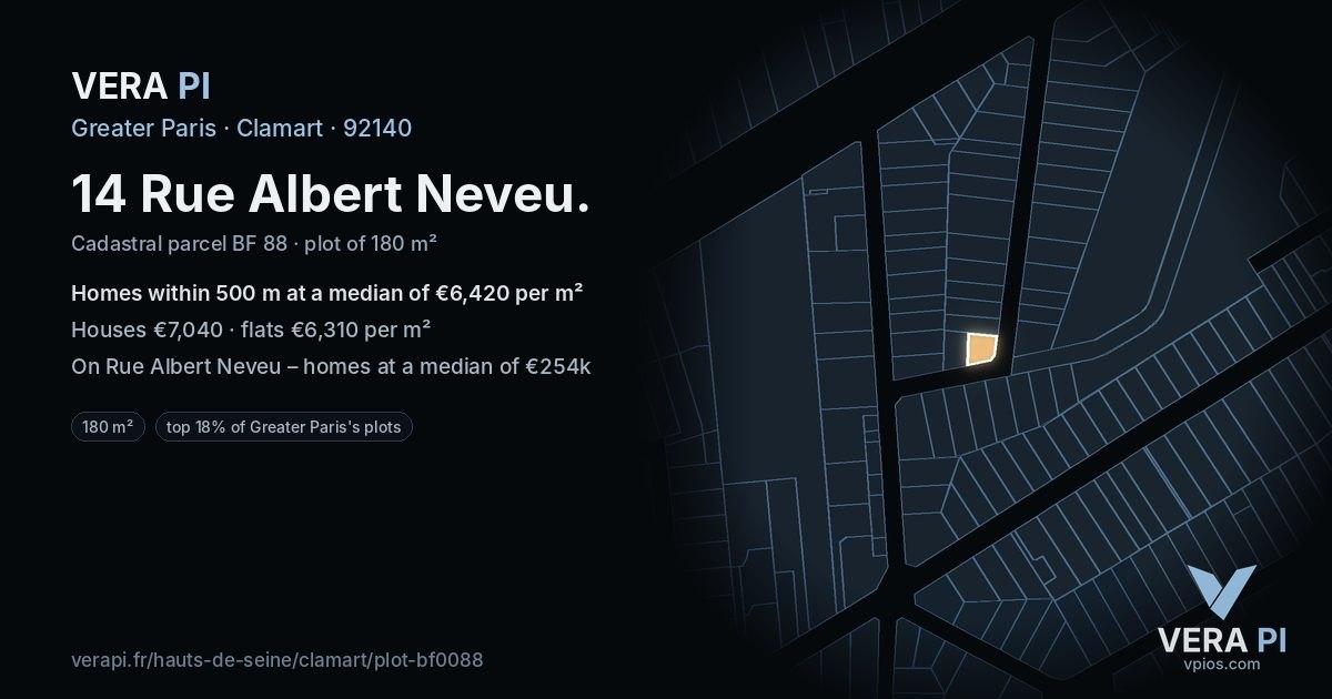 14 Rue Albert Neveu, Clamart at night – the plot lit, the parcels around coloured by the prices near them