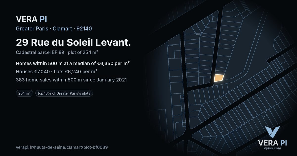 29 Rue du Soleil Levant, Clamart at night – the plot lit, the parcels around coloured by the prices near them