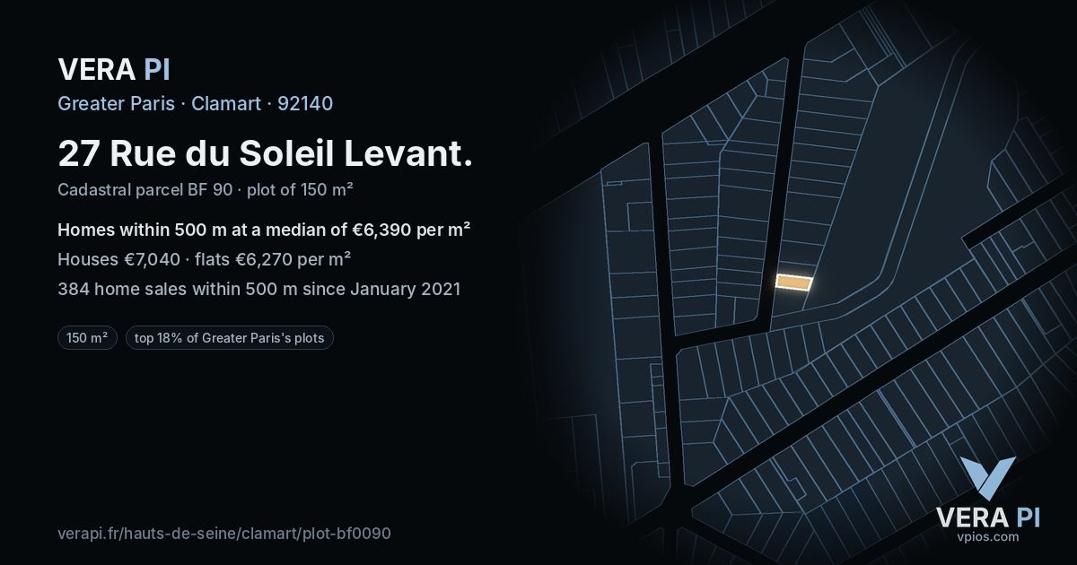 27 Rue du Soleil Levant, Clamart at night – the plot lit, the parcels around coloured by the prices near them