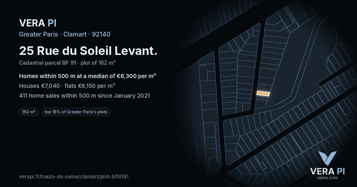 25 Rue du Soleil Levant, Clamart at night – the plot lit, the parcels around coloured by the prices near them
