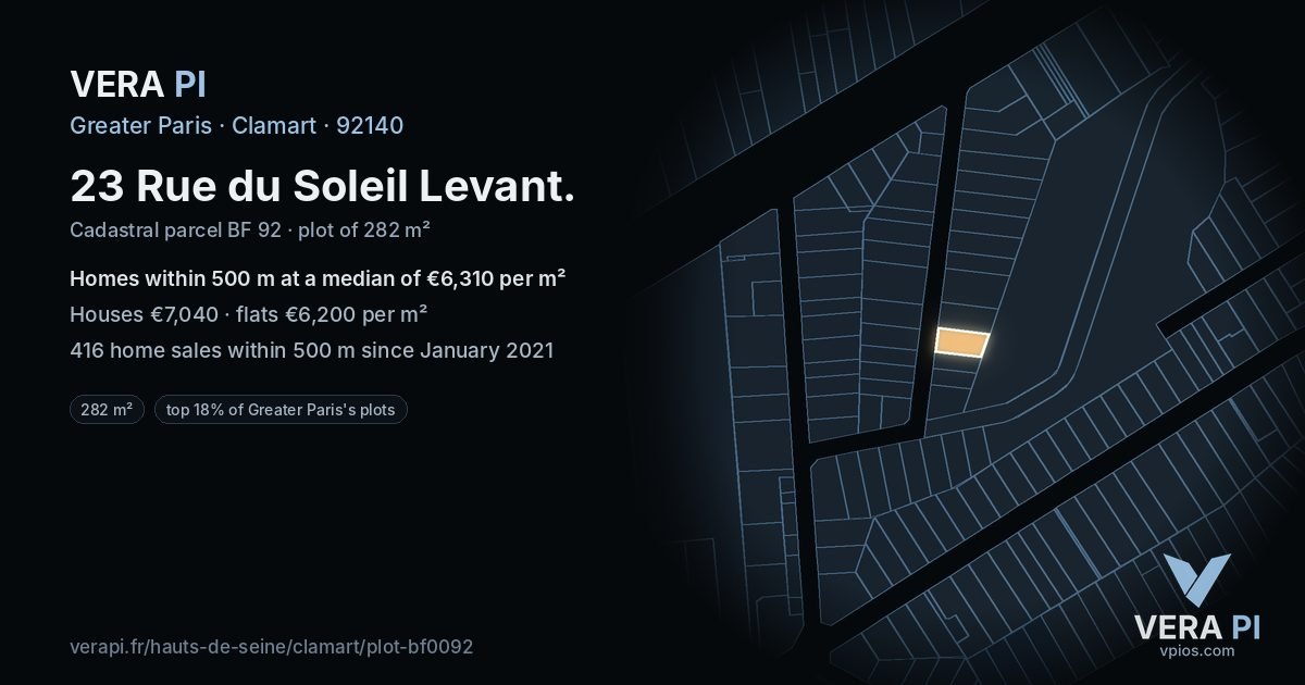 23 Rue du Soleil Levant, Clamart at night – the plot lit, the parcels around coloured by the prices near them